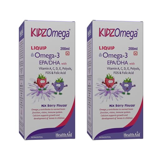 Image of HealthAid KidzOmega Syrup - Omega-3 DHA with Vitamins C, D & E | 200ml Mixed Berry Flavor | Supports Brain, Vision & Immune Health | Easy-to-Take Liquid Supplement for Children(Pack of 2)