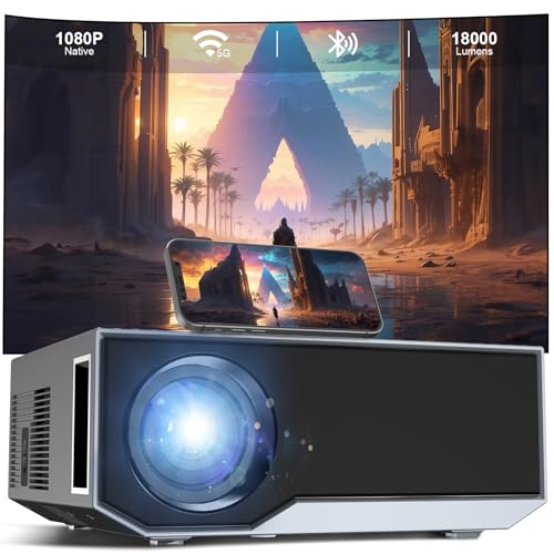 Proyector con 5G WiFi Bluetooth, Mini Exterior Full HD Nativo 1080P Home Theatre Compatible con iPhone/Android/HDMI/USB/PS5/TV Stick/X-Box.