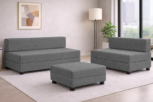 Image of Rosebell 3+2 Convertible Leg Sofa Cum Bed Set with Ottoman Foldable Modular Seating & Sleeper ? Space Saving Living Room Furniture Jute Fabric-Grey