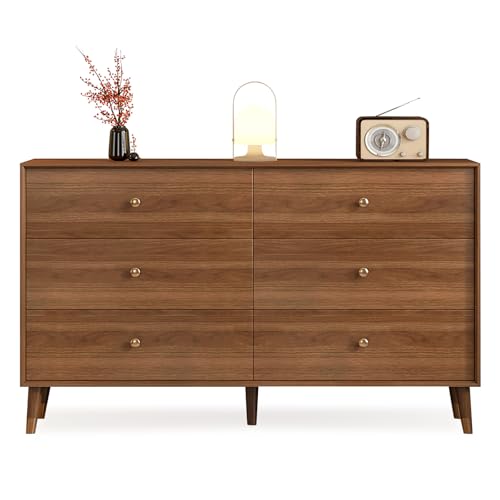 Image of Messenya 6 Drawer Dresser for Bedroom, 47 Inch Walnut Dresser for Closet, Mid Century Wood Chest of Drawers with Natural Texture & Pre-Embedded Slots for TV Stand, Living Room, Hallway, Office