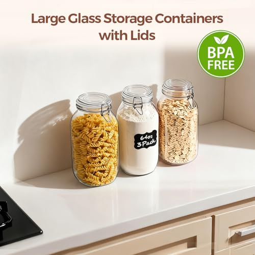 Image of ComSaf Large Glass Mason Jars with Airtight Lids Half Gallon 3 Pack Bulk | BPA-free food-grade glass, wire clamp seal, half-gallon 71 oz bulk, vegetable pickling, fermentation jars, candy jar