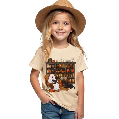BOUTIKOME Halloween T-Shirts for Kid Girl Boy Fun Ghost Read Books Graphic Shirts Spooky Tees Short Sleeve Tops Fall Outfits