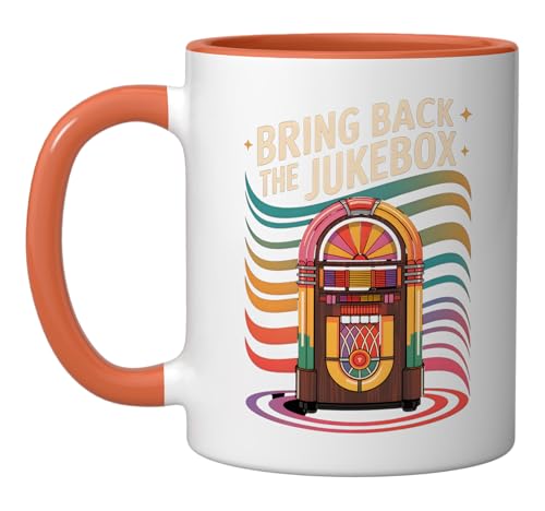 60s 70s 80s 90s Jukebox Nostalgia Memories Music Ceramic Mug, Orange/White