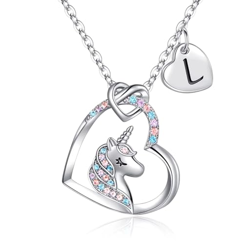 OSDUE Cadeaux de Collier de Licorne, Argent Collier de Bijoux Licorne en Cristal Arc-en-Ciel Pendentif Coeur Initiales, Cadeau Fit Fête D'anniversaire de...