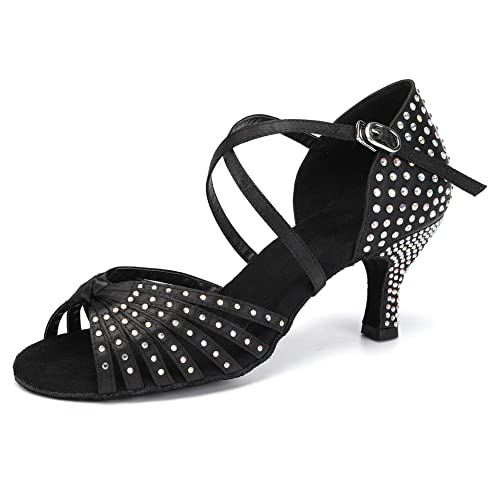 HIPPOSEUS Women's Latin Dance Shoes Black Shiny Rhinestones Ballroom Party Salsa Dance Performace Shoes 3inch Heel, Model L459, 8 B(M) US