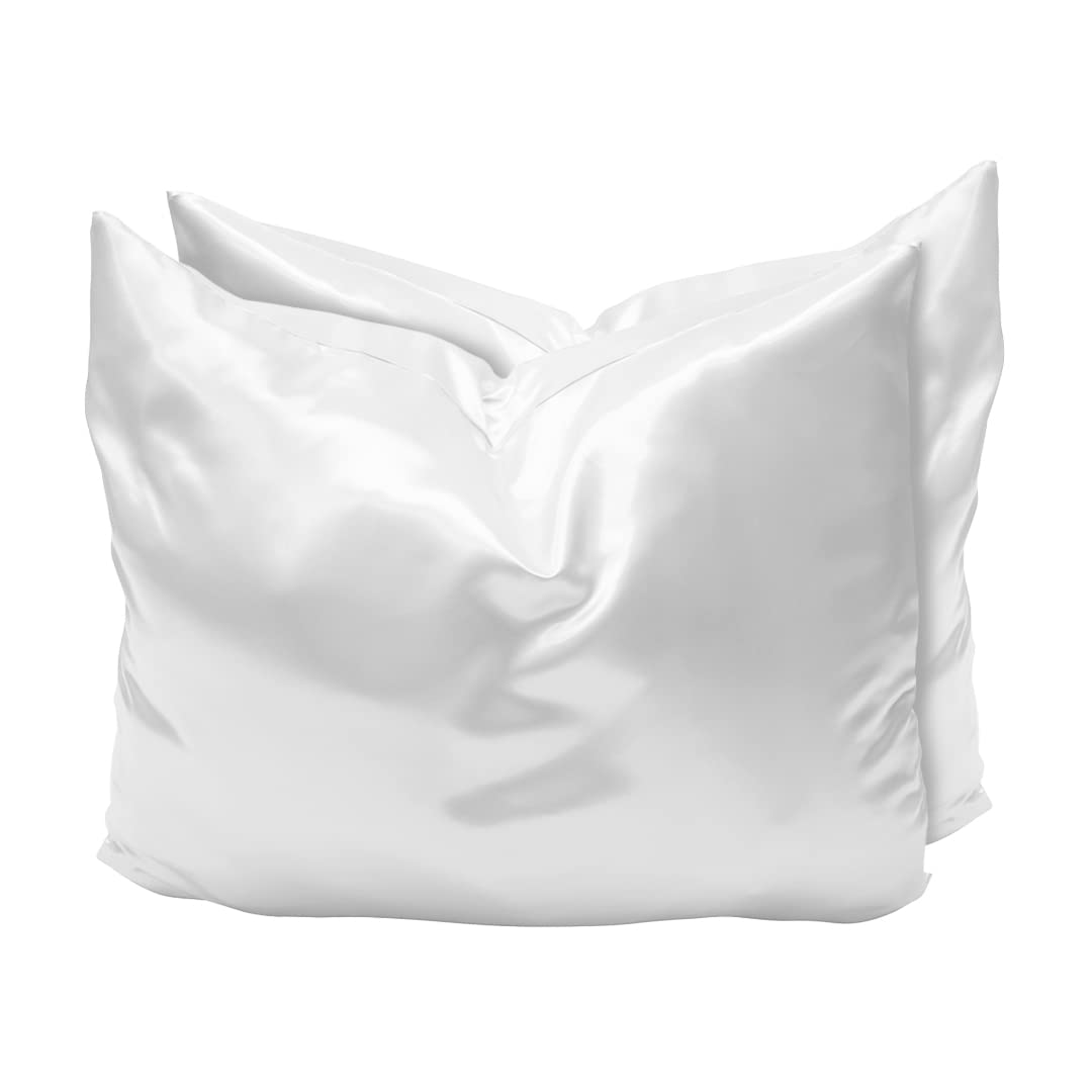 Betty Dain Satin Pillowcase with Zipper, Standard / Queen Size, White (Set of 2)