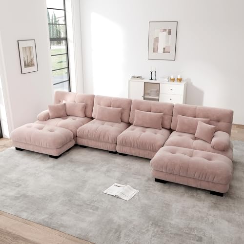DUlVBPE Modulares Ecksofa, U-förmiges Couch Set für Wohnzimmer, 4-Sitzer Komfortable Cloud Couches mit beweglichem Ottoman, DIY-Kombination, Chenille, Rosa