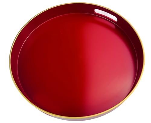 Umisriro 13' Round Decorative Tray, Red Serving Tray with Handles, Plastic Coffee Table Tray for Ottoman, Living Room, Bathroom, Décor.