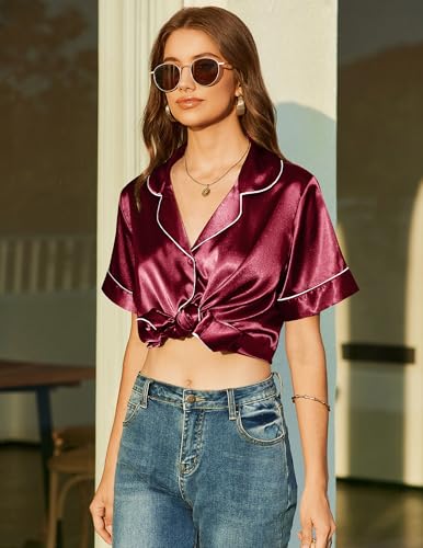 Image of Ekouaer Womens Silk Satin Pajama Sets Two Piece Loungewear Button Up Sleepwear Soft Nightwear Pjs Shorts Set Wine,Medium