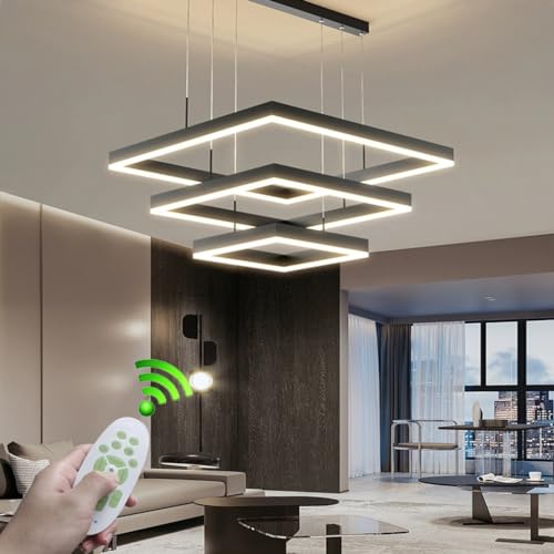 LYSDjia Suspension Luminaire Moderne LED Grand 3 Anneaux Dimmable Plafonnier Noir Carré Lustre En Métal Pour Chambre Foyer avec Télécommande Luminaire...