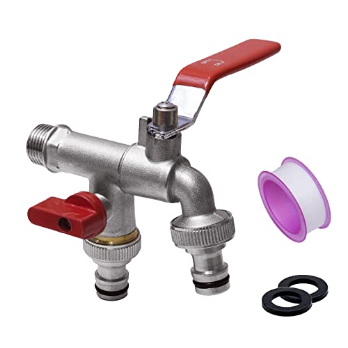 BOBOSP Universal Doppel Auslaufhahn für den Garten, 1/2 Zoll Wasserhahn Garten aus Messing, Doppel-Wasserhahn mit 1/2'' Einlass und 3/4'' Auslass, rost-und frostbeständiger, Rot Cover