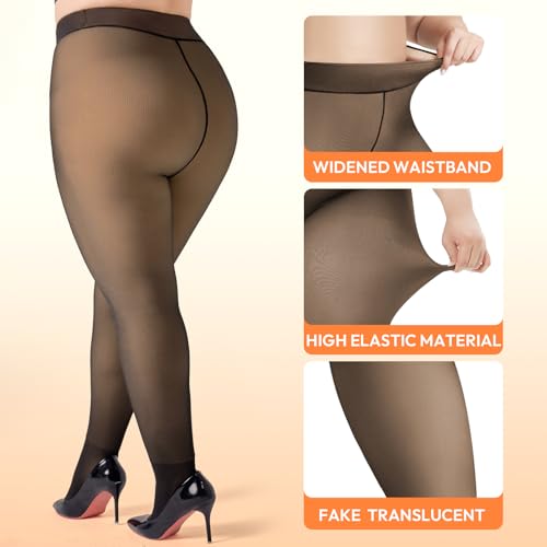 Image of WiliW Plus Size Fleece Lined Tights for Women, Sheer Winter Warm High Waist Thermal Tights Fake Translucent