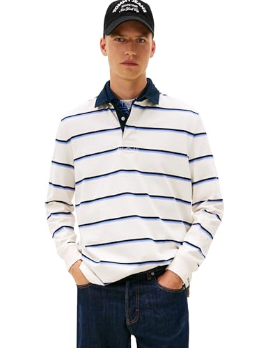 Tommy Jeans Camisa polo masculina listrada leve de rĂşgbi com logotipo de tecido, Listra branca antiga, P