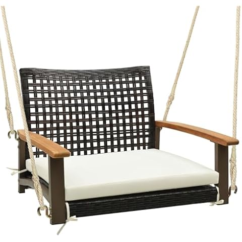 DORTALA Hanging Porch Swing, 1 Person Patio Wicker Swing Chair with Metal Frame, Cushion, Ropes & Hooks, Outdoor PE Rattan Swing Seat for Lawn Garden Backyard Balcony, Off White Cover