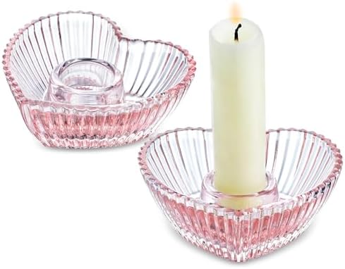 QFkris 3'' Pink Glass Candlestick Holders, Set of 2 Heart Shaped ...