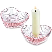 QFkris 3 Pink Glass Candlestick Holders, Set of 2 Heart Shaped Candle Holders for Christmas, Wedding, Party, Decoration and Dining