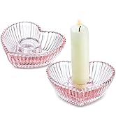 3'' Pink Glass Candlestick Holders, Set of 2 Heart Shaped Candle Holders for Wedding, Party, Deco...
