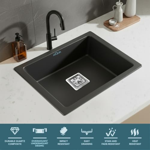 Image of ARQUIN Quartz Sink 21x18x9 Inch Black | Single Bowl Sink | Durable & Scratch-Resistant | Undermount /Topmount Including Coupling, Waste Pipe & Fruit Washing Basket