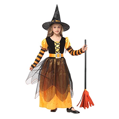 Witch Costume Girls Halloween Witch Dress Costumes Kids Deluxe Set Witch Hat Broomstick Halloween Candy Bags Fancy Dress Up Party (Xl, Orange) #TOP1