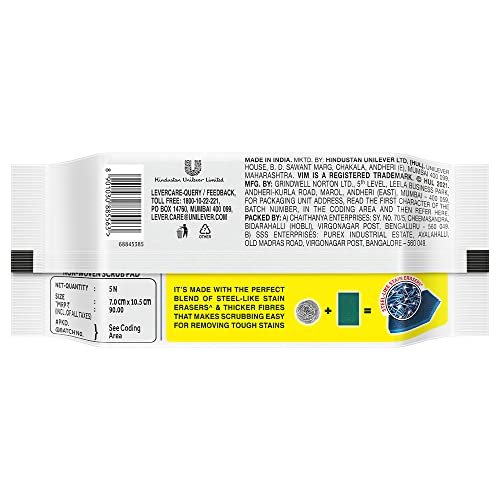 Image of Vim Dishwash Liquid Gel Lemon, With Lemon Fragrance, Leaves No Residue, Grease Cleaner For All Utensils, 500 ml Bottle & Vim Scrub EASY Pack of 5