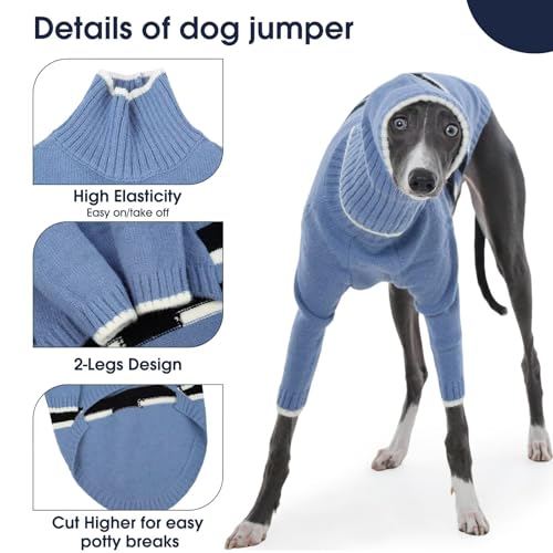 IECOii Windhund Pullover mit Kapuze,Hundepullover,Warmer Italienischer Greyhound Mantel,Whippet Rollkragen Strickpullover,Thermo Hundekleidung,Schlafanzug für Kaltes Wetter,Blau,XS