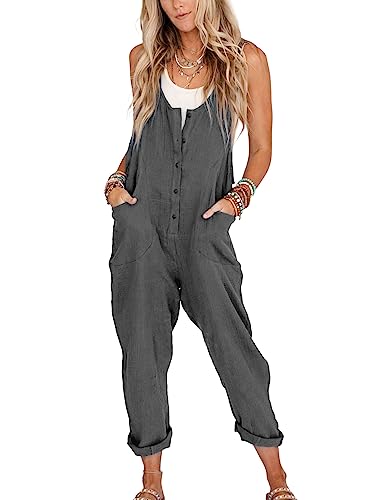 Image of Yeokou Womens Overalls Linen Cotton Jumpsuits Loose Casual Jumpers with Pockets