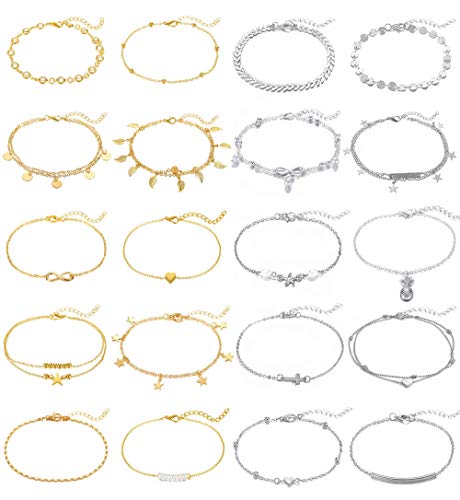 20Pcs Ankle Bracelets for Women Silver Gold Anklet Set Boho Anklets Bracelets Layered Adjustable Chain Beach Barefoot Foot Jewelry (gold and silver color)