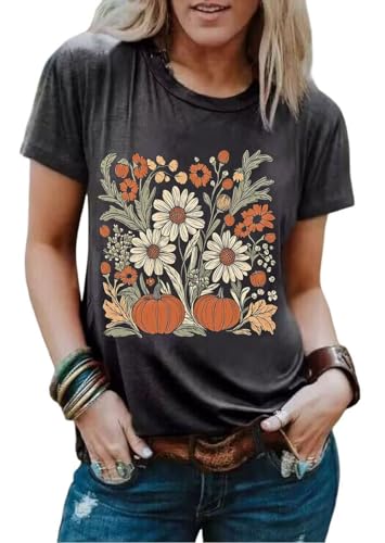 Floral Pumpkin Graphic T Shirt Women Retro Boho Floral Fall Pumpkin Short Sleeve Casual Funny Halloween Party Shirts