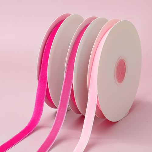 Whaline Pink Velvet Ribbon 30 Yards Valentines Day Fabric Ribbons 3 Gradient Pink Colors Craft Ribbon for Gift Wrapping DIY Wreath Bow Making 3/8 Inch 3 Rolls
