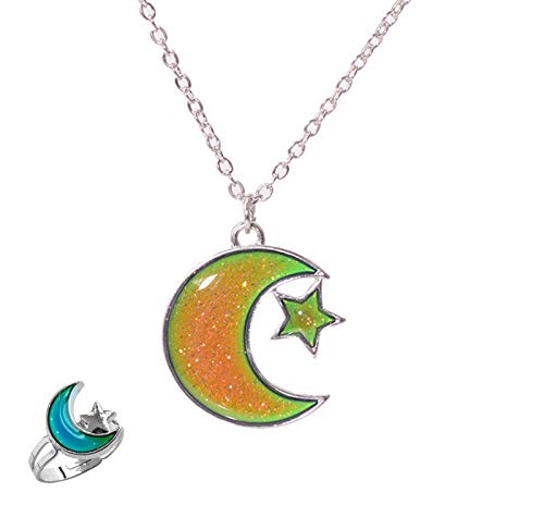 Color Changing Star and Moon Mood Necklace for Womens Girls Emotion Feeling Pendant Necklace Adjustable Size Mood Rings 2pcs