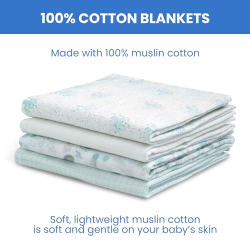 Image of Delta Children 100% Cotton Muslin Baby Receiving Blankets for Girls and Boys - 47x47 Inches (Pack of 4), Sea Life