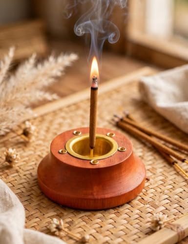 Wooden Incense Stick Holder with Brass Insert, Round Base