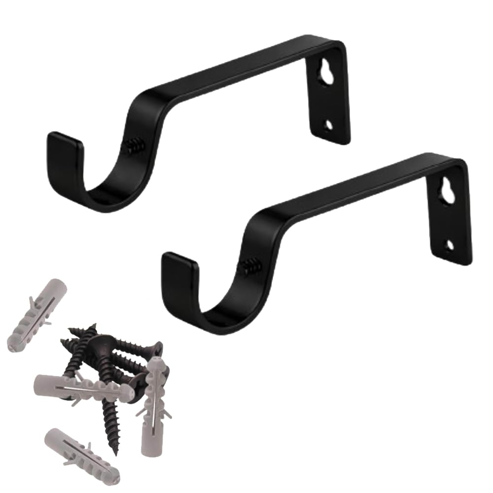 Curtain Pole Bracket Metal 28mm Black Heavy Duty Rod Wall Brackets Holder Metal Curtain Rod Brackets Set with Screws for Poles Set of 2.