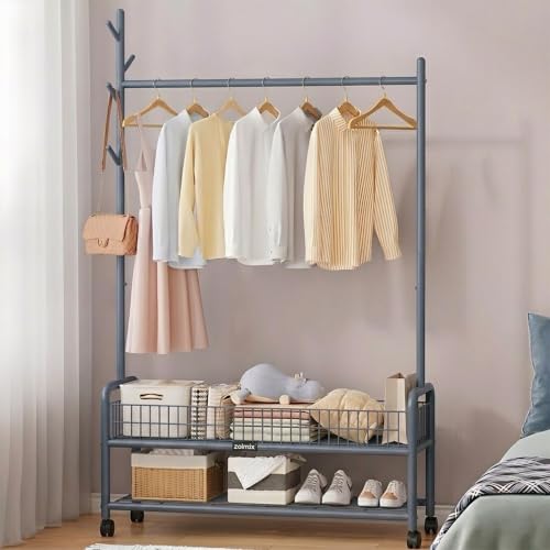 Image of ZOLMIX Metal Garment Rack With Wheels & 2 Bottom Mesh Shelves | Clothes Hanging Stand, Coat Hanger Stand For Home, Cloth Rack For Bedroom, Clothing Rack Organizer For Clothes, Bags & Shoes (Grey)