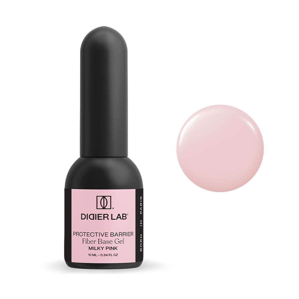 DIDIER LAB Fiber Gel Base Coat Milky Pink 10 ml - Strengthening LED UV Nail Base Coat with Fiberglass Particles - Long Lasting Self Leveling Formula with Vitamins for Natural Looking Nails