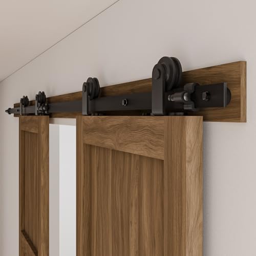 CCJH 6FT Sliding Barn Door Hardware Kit, Heavy Duty, Smoothly and Silently, Easy to Install, Fit 18" Width Double Door Panel, T-Shaped Style Black by CCJH - Used condition - US$47.97