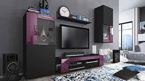 Vladon Wohnwand Movie, Anbauwand bestehend aus 1 TV-Board, 2 Vitrinen und 1 Regal, Schwarz matt/Schwarz matt/Brombeer Hochglanz (Gesamt: 300 x 190 x 39 cm) Vladon Wohnwand Movie, Anbauwand bestehend aus 1 TV-Board, 2 Vitrinen und 1 Regal, Schwarz matt/Schwarz matt/Brombeer Hochglanz (Gesamt: 300 x 190 x 39 cm)