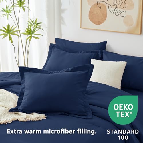 CozyLux Queen Comforter Set Navy Blue, 7 Pieces Bed in a Bag Bedding Comforter Set with Sheets, All Season Boho 7PC Bed Sets with Comforter, Fitted Sheets, Flat Sheets, Pillow Shams and Pillowcases