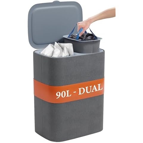 Dual Section 90l Laundry Basket with Lid – Tall divided Double Laundry Hamper with 2 Removable Washable Bags, Large Laundry Sorter for Easy Clothes Separation Cover