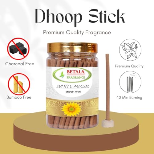 Image of Betala Fragrance White Musk Dhup Batti for Puja, 200 Gm Bamboo Less & Charcoal Free Dhoop Sticks for Pooja with Holder Stand (70-80 Stick) | dhupkathi | | doopsticks | | doopam | (200 Gm) (White Musk)