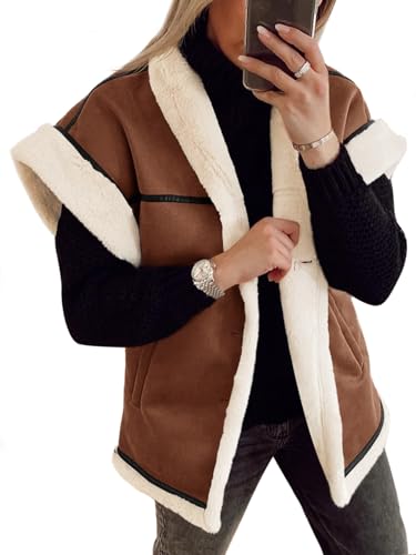 Cicy Bell Womens Suede Sherpa Vest Faux Fur Shearling Jacket Oversized Cap Sleeve Button Down Winter Coats