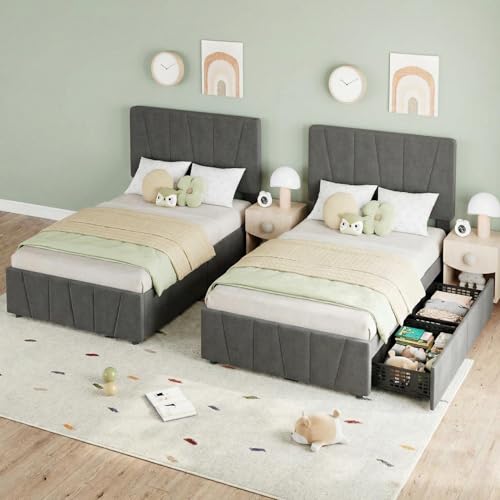 GarveeHome Twin Size Bed Frame with Adjustable Headboard and 2 Storage Drawers, Soft Upholstered Twin Platform Bed Frames with Wooden Slats Support, No Box Spring Needed, 2 Set Grey