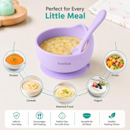Image of TONY STARK Silicone Unbreakable Baby Bowl & Handle Spoon - Suction Design, Non-Slip, BPA Free, Dishwasher & Microwave Safe (Lavender, 2 Piece Set)