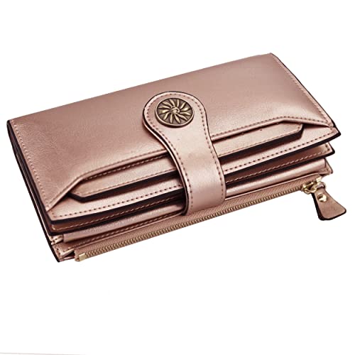 Travelambo Womens Rfid Blocking Large Capacity Luxury Waxed Genuine Leather Clutch Wallet Multi Card Organizer(Rose Gold Classic) #TOP4