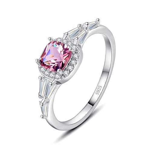 925 Sterling Silver CZ Zircon Halo Simulated Morganite Ring for Women, Cubic Zirconia Cushion Cut Nano Pink Gemstone Eternity Engagement Band Costume Jewelry with Gift Box