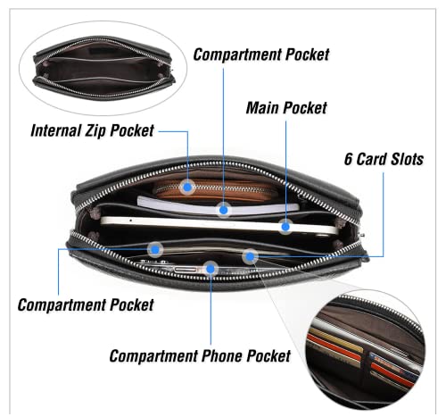 Image of Top Grain Genuine Leather Handbag Wallet for Man & Woman, Handmade Retro Design, Combination Lock & Retractable Hand Strap & Multi Pockets /Slots, Portable RFID for Cards /Checks /Phone /Banknote, Black