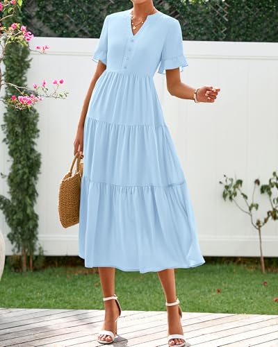 Image of BTFBM Summer Dresses for Women 2025 Vacation V Neck Loose Short Sleeve A Line Tiered Flowy Casual Midi Beach Dress