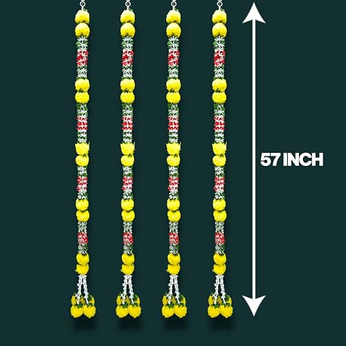 Image of iHandikart Pack of 4 Artificial Marigold Flower Garland with Multicolor Jasmine Leaves (57 Inch) - Decorative Floral Strings for Pooja, Temple, Diwali, Wedding, Haldi, Mehandi & Festive Home Decor