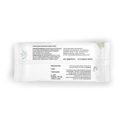 Image of Amazon Brand - Mama Bear Cleansing Baby Wipes With Lid, Enriched With Aloe Vera & Vitamin E, Paraben Free, Ph Balanced & Dermatologically Tested, 72 Count (Pack Of 6)