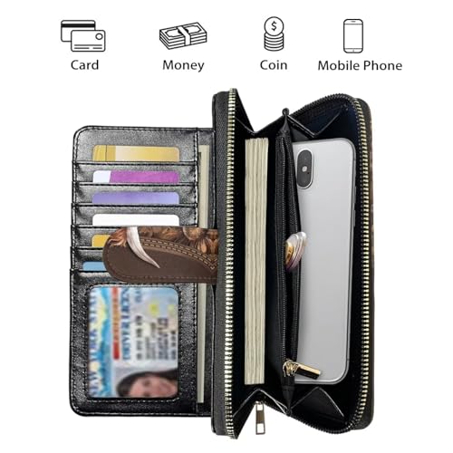 Image of COEQINE Ladies Wallets Pink Leopard Heart Black Printed Leather Phone Long Clutch Purses Check Coin Change Holder